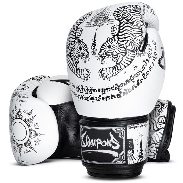 8 WEAPONS Boxing Gloves, Sak Yant Tigers, white-black