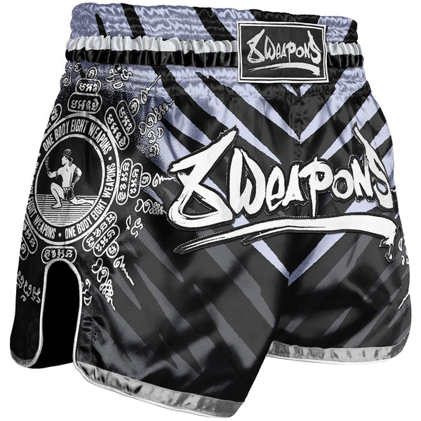 8 WEAPONS Muay Thai Shorts, 8 Ways Yant, black-silver