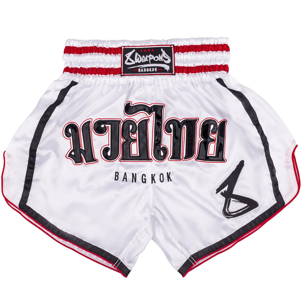 8 WEAPONS Muay Thai Shorts, Bangkok, white-black