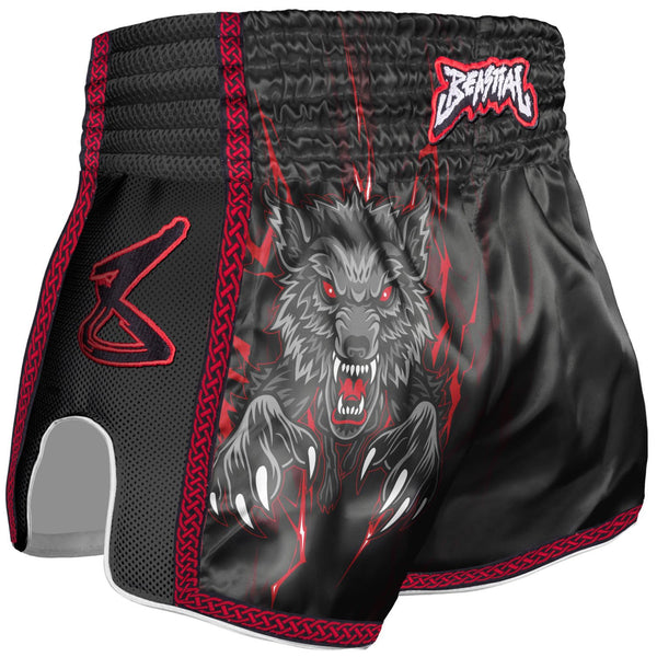 8 WEAPONS Muay Thai Shorts, Kids, Bestial Wolf, black-red
