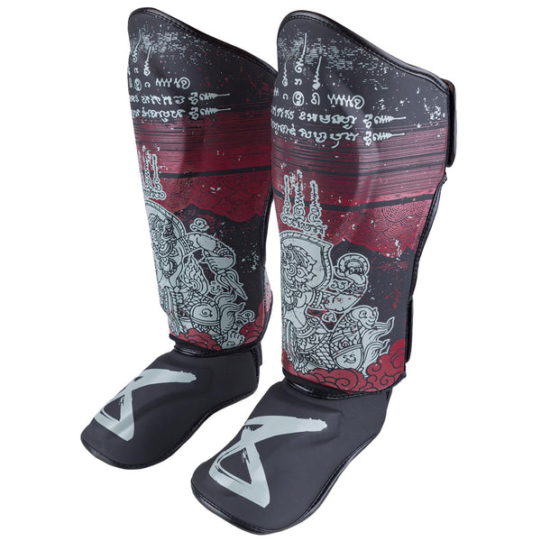 8 WEAPONS Shin Guards, Hanuman Yant, black-red