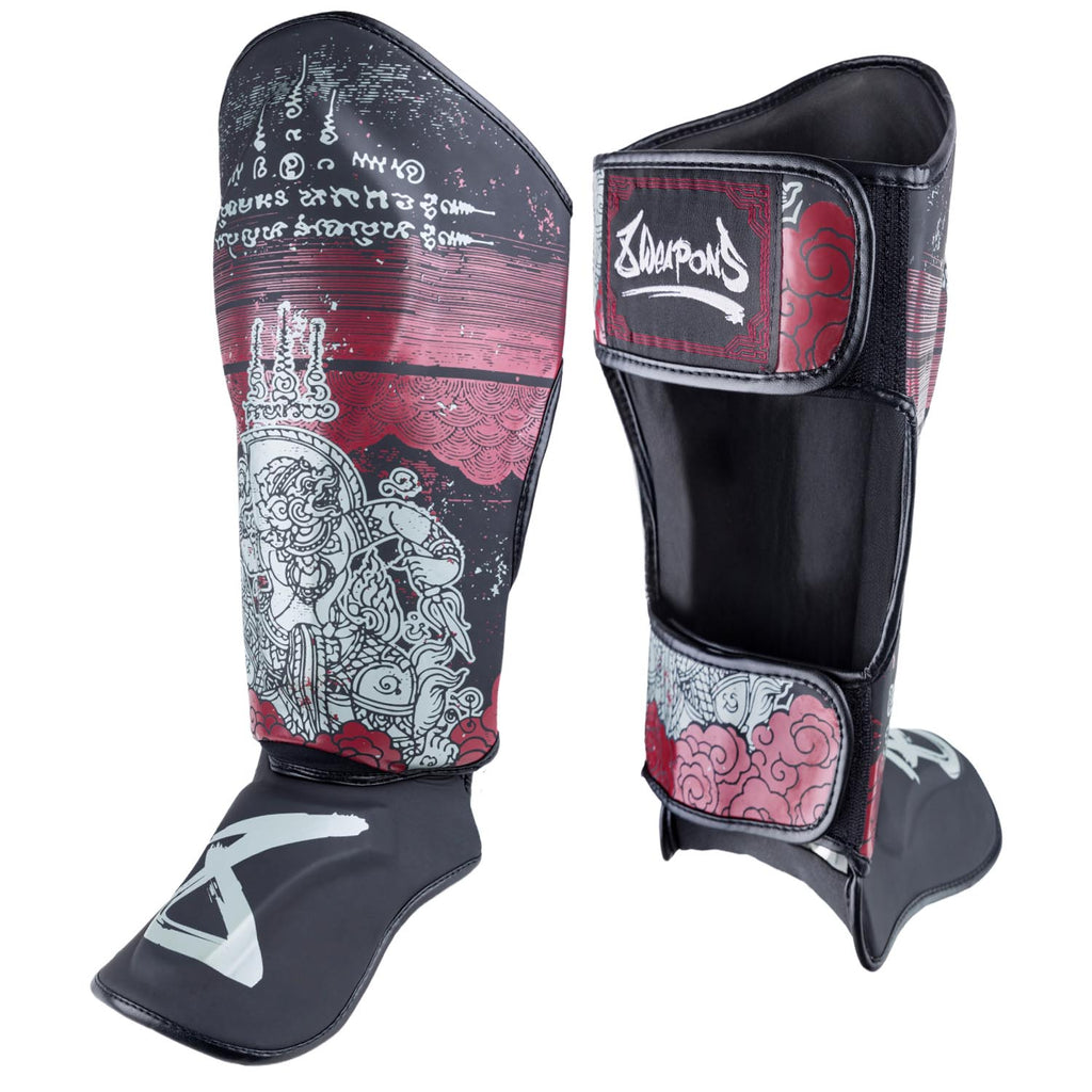 8 WEAPONS Shin Guards, Hanuman Yant, black-red
