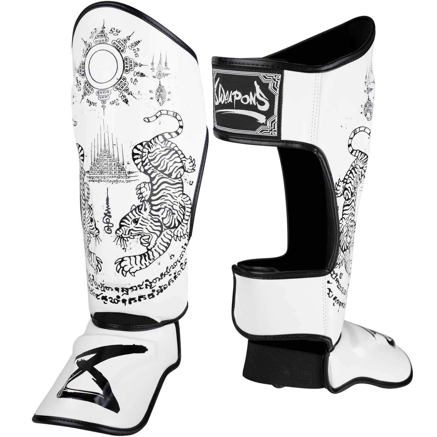 8 WEAPONS Shin Guards, Sak Yant Tigers, white-black – 8