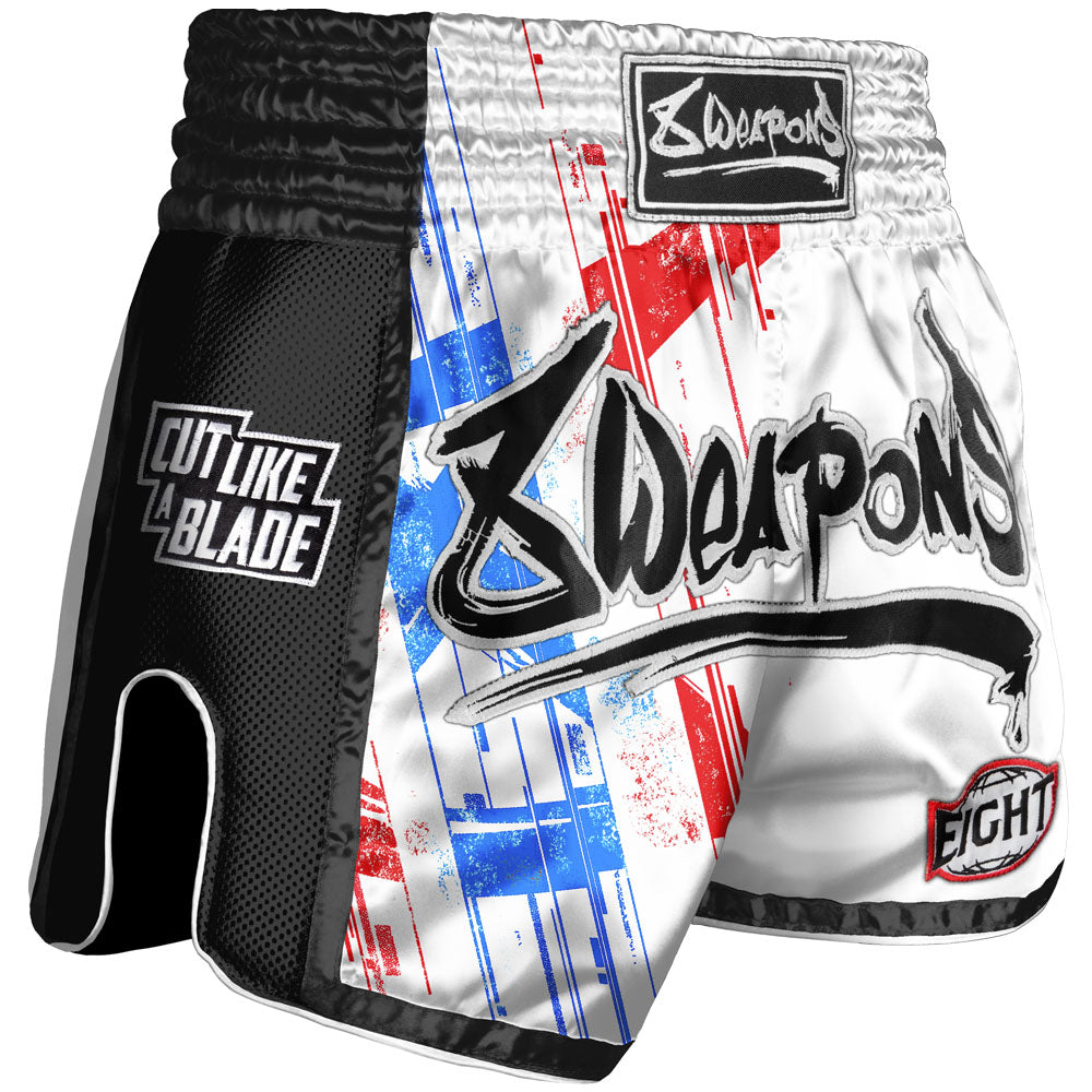 8 WEAPONS Muay Thai Shorts, Cut like a Blade, white