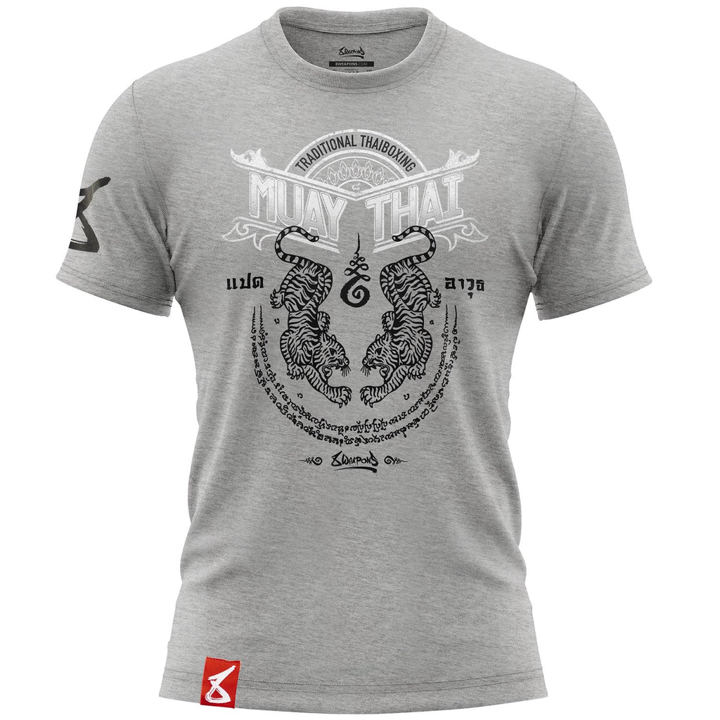 8 WEAPONS T-Shirt, Sak Yant Tigers, grey