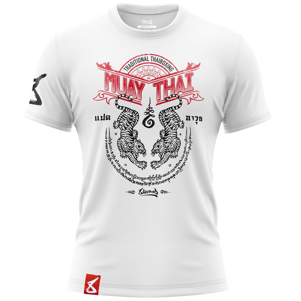 8 WEAPONS Muay Thai T-Shirt, Sak Yant Tigers, white